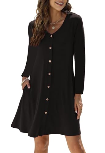 RosyWing Kleid Damen Langarm V-Ausschnitt Einfarbig Knielang Freizeitkleid Knopfleiste A-Linien Midikleid mit Taschen (Schwarz,S) von RosyWing
