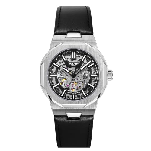 Rotary Herren Automatik Armbanduhr, 40.00mm GehäusegröÃŸe mit schwarz analog Zifferblatt und schwarz Lederarmband Armband GS05495/04 von Rotary