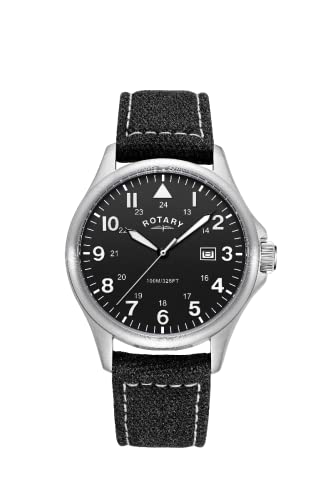 Rotary Herren-Armbanduhr Pilot Analog Quarz mit schwarzem Zifferblatt und schwarzem Canvas-Armband GS00473/19, Riemen von Rotary