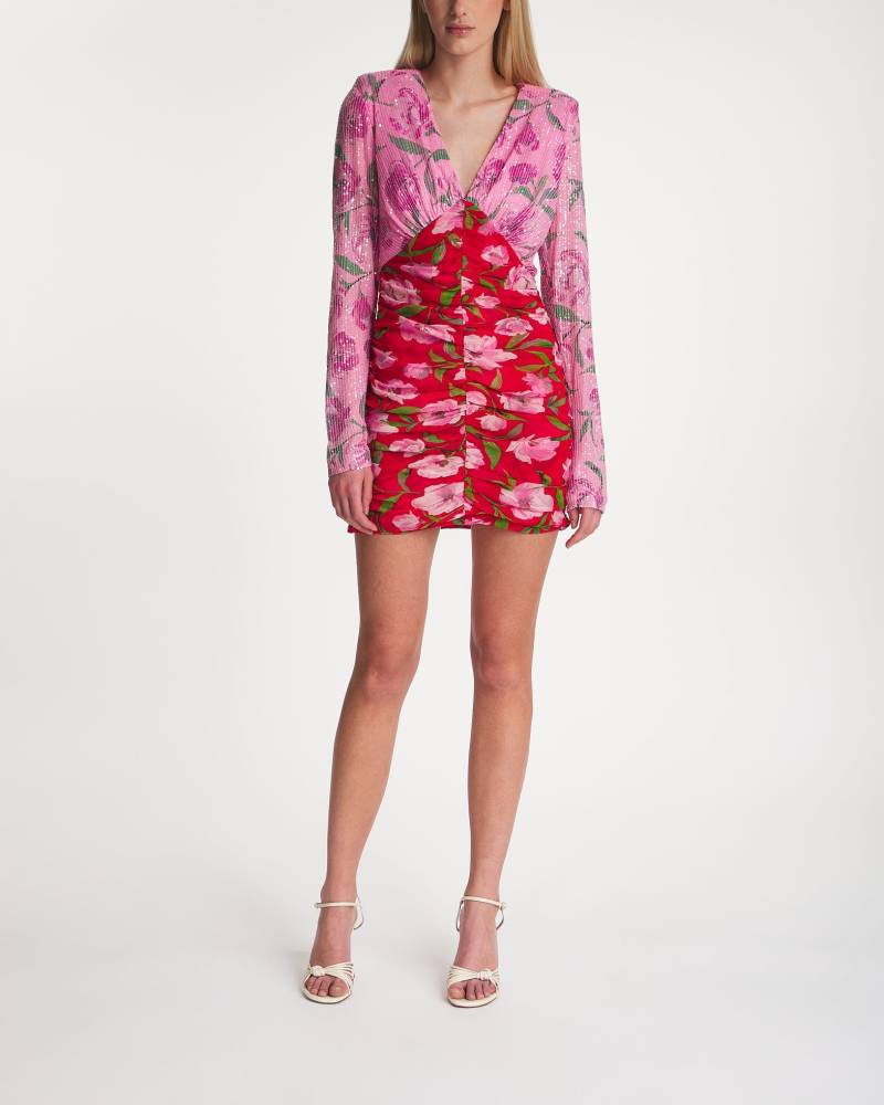 Rotate Dress Printed Mini LS Rosa/röd von Rotate