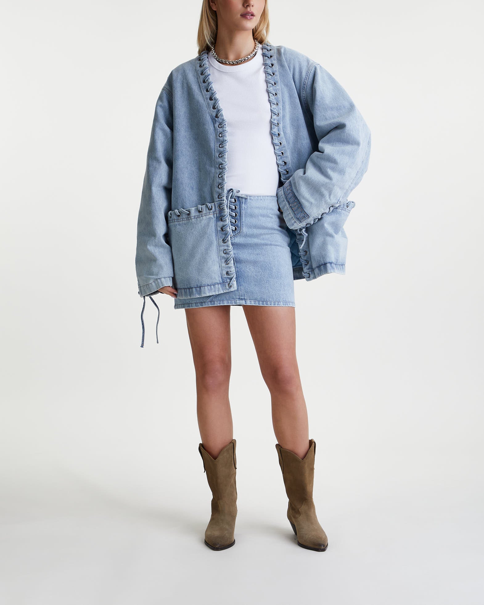 Rotate Skirt Denim Laced Mini Light blue von Rotate