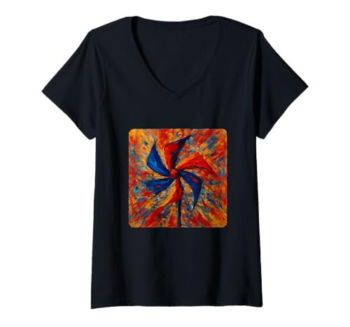 Damen Abstrakter Expressionismus Windrad drehender Winddrehwirbel T-Shirt mit V-Ausschnitt Damen Abstrakter Expressionismus Windrad drehender Winddrehwirbel T-Shirt mit V-Ausschnitt von Rotation Of Colorful Blades On A Pinwheel