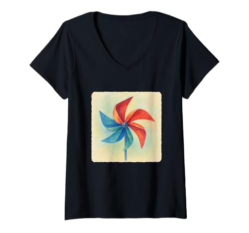 Damen Bleistift Art Windrad drehender Wind Rotation Swirl T-Shirt mit V-Ausschnitt Damen Bleistift Art Windrad drehender Wind Rotation Swirl T-Shirt mit V-Ausschnitt von Rotation Of Colorful Blades On A Pinwheel