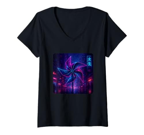 Damen Cyberpunk Art Windrad drehender Winddrehwirbel T-Shirt mit V-Ausschnitt Damen Cyberpunk Art Windrad drehender Winddrehwirbel T-Shirt mit V-Ausschnitt von Rotation Of Colorful Blades On A Pinwheel