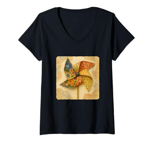 Damen Decoupage Windrad drehender Wind Rotation Swirl T-Shirt mit V-Ausschnitt Damen Decoupage Windrad drehender Wind Rotation Swirl T-Shirt mit V-Ausschnitt von Rotation Of Colorful Blades On A Pinwheel