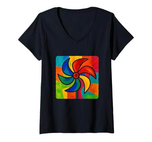Damen Fauvism Windrad drehender Winddrehwirbel T-Shirt mit V-Ausschnitt Damen Fauvism Windrad drehender Winddrehwirbel T-Shirt mit V-Ausschnitt von Rotation Of Colorful Blades On A Pinwheel