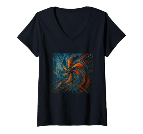 Damen Futurism Windrad drehender Winddrehwirbel T-Shirt mit V-Ausschnitt von Rotation Of Colorful Blades On A Pinwheel
