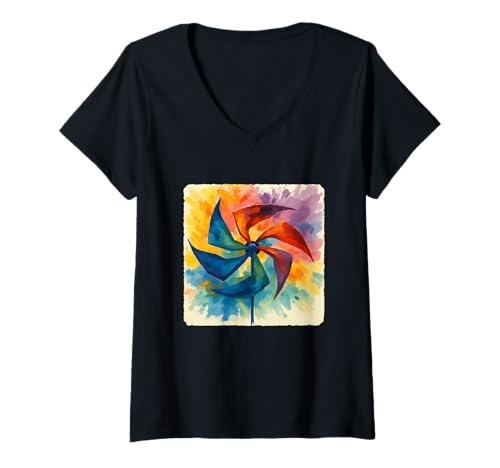 Damen Gouache-Windrad drehender Winddrehwirbel T-Shirt mit V-Ausschnitt Damen Gouache-Windrad drehender Winddrehwirbel T-Shirt mit V-Ausschnitt von Rotation Of Colorful Blades On A Pinwheel
