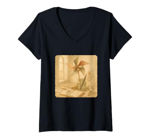 Damen Light Academia Windrad drehender Winddrehwirbel T-Shirt mit V-Ausschnitt Damen Light Academia Windrad drehender Winddrehwirbel T-Shirt mit V-Ausschnitt von Rotation Of Colorful Blades On A Pinwheel