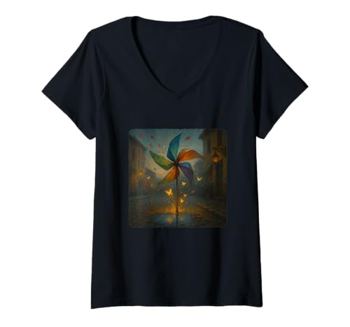 Damen Magischer Realismus Windrad drehender Winddrehwirbel T-Shirt mit V-Ausschnitt Damen Magischer Realismus Windrad drehender Winddrehwirbel T-Shirt mit V-Ausschnitt von Rotation Of Colorful Blades On A Pinwheel