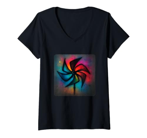 Damen Sprühfarbe Kunst Windrad drehend Wind Rotation Swirl T-Shirt mit V-Ausschnitt Damen Sprühfarbe Kunst Windrad drehend Wind Rotation Swirl T-Shirt mit V-Ausschnitt von Rotation Of Colorful Blades On A Pinwheel
