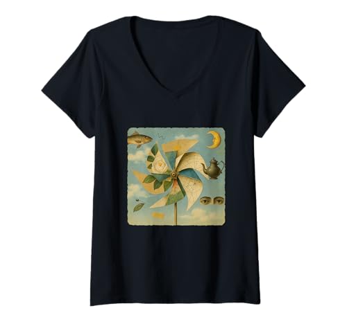 Damen Surreal Collage Windrad drehender Wind Rotation Swirl T-Shirt mit V-Ausschnitt Damen Surreal Collage Windrad drehender Wind Rotation Swirl T-Shirt mit V-Ausschnitt von Rotation Of Colorful Blades On A Pinwheel