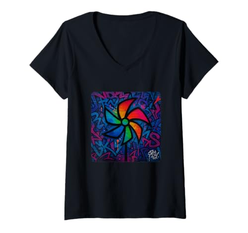 Damen Urban Art Windrad Drehwirbel T-Shirt mit V-Ausschnitt Damen Urban Art Windrad Drehwirbel T-Shirt mit V-Ausschnitt von Rotation Of Colorful Blades On A Pinwheel