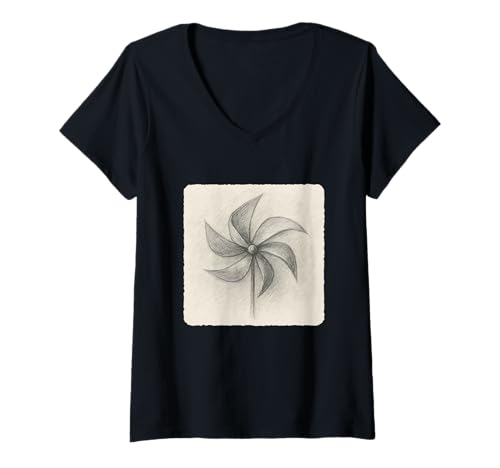 Damen Windrad im Skizzenstil, drehender Wind-Drehwirbel T-Shirt mit V-Ausschnitt von Rotation Of Colorful Blades On A Pinwheel