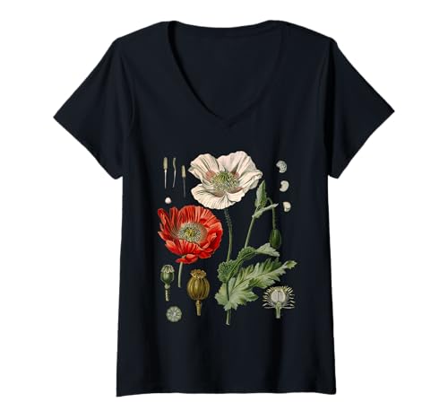 Damen Rote Mohnblume Botanische Mohnblumen Rote Mohnblume T-Shirt mit V-Ausschnitt von Rote Mohnblume