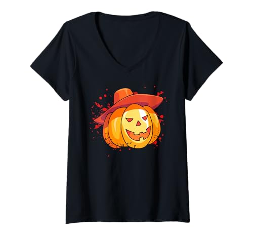Damen Kürbis Cowboy Halloween Grusel Gesicht Humor T-Shirt mit V-Ausschnitt Damen Kürbis Cowboy Halloween Grusel Gesicht Humor T-Shirt mit V-Ausschnitt von Roter Augen Gruseliger Western Kürbis