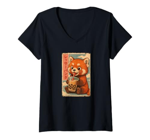 Damen Roter Panda drinkt Bubble Tea Japanisches Vintage T-Shirt mit V-Ausschnitt Damen Roter Panda drinkt Bubble Tea Japanisches Vintage T-Shirt mit V-Ausschnitt von Roter Panda Bubble Tea Retro Kawaii Shop