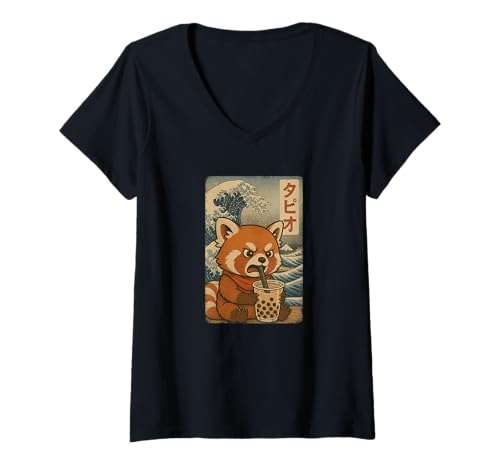 Damen Roter Panda drinkt Bubble Tea Japanisches Vintage T-Shirt mit V-Ausschnitt Damen Roter Panda drinkt Bubble Tea Japanisches Vintage T-Shirt mit V-Ausschnitt von Roter Panda Bubble Tea Retro Kawaii Shop
