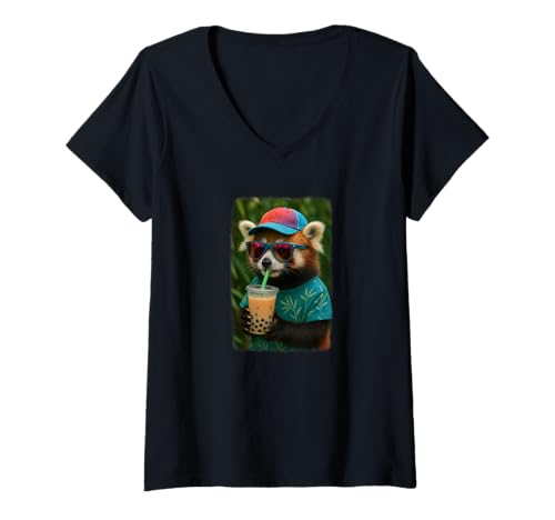 Damen Realistischer Roter Panda trinkt Bubble Tea T-Shirt mit V-Ausschnitt Damen Realistischer Roter Panda trinkt Bubble Tea T-Shirt mit V-Ausschnitt von Roter Panda Bubble Tea Shop