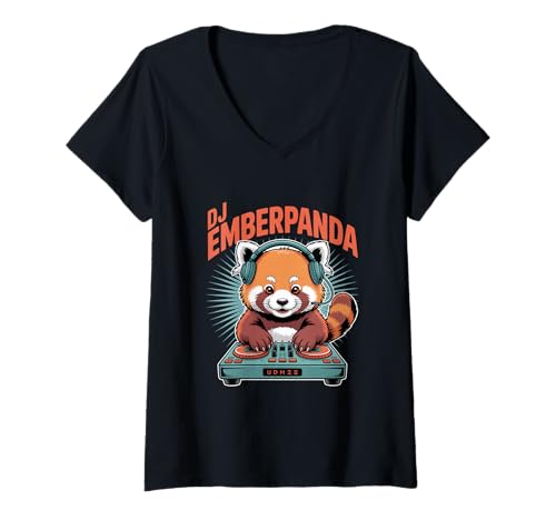 Damen DJ EMBERPANDA Roter Panda Musik DJ Festival T-Shirt mit V-Ausschnitt Damen DJ EMBERPANDA Roter Panda Musik DJ Festival T-Shirt mit V-Ausschnitt von Roter Panda DJ Musik Club Festival Party