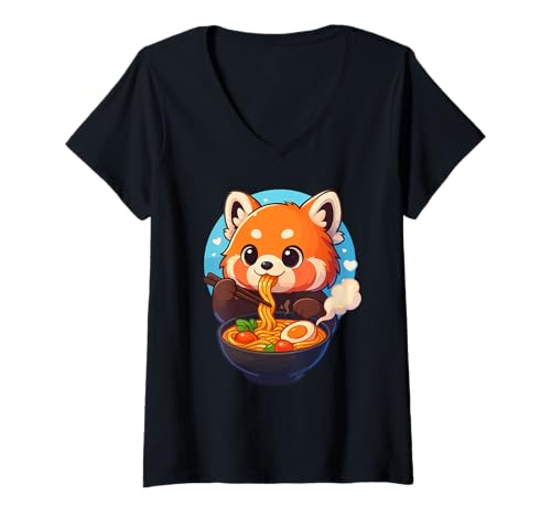 Damen Roter Panda isst Ramen Nudeln Japanisches Vintage T-Shirt mit V-Ausschnitt von Roter Panda Ramen Nudeln Retro Kawaii Shop