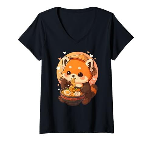 Damen Roter Panda isst Ramen Nudeln Japanisches Vintage T-Shirt mit V-Ausschnitt von Roter Panda Ramen Nudeln Retro Kawaii Shop