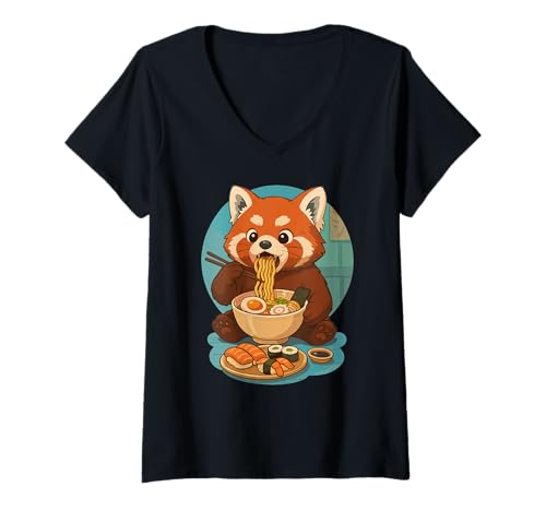 Damen Roter Panda isst Ramen Nudeln Japanisches Vintage T-Shirt mit V-Ausschnitt von Roter Panda Ramen Nudeln Retro Kawaii Shop