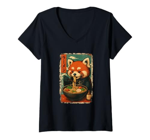 Damen Roter Panda isst Ramen Nudeln Japanisches Vintage T-Shirt mit V-Ausschnitt von Roter Panda Ramen Nudeln Retro Kawaii Shop