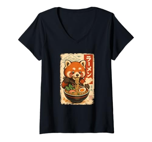 Damen Roter Panda isst Ramen Nudeln Japanisches Vintage T-Shirt mit V-Ausschnitt von Roter Panda Ramen Nudeln Retro Kawaii Shop
