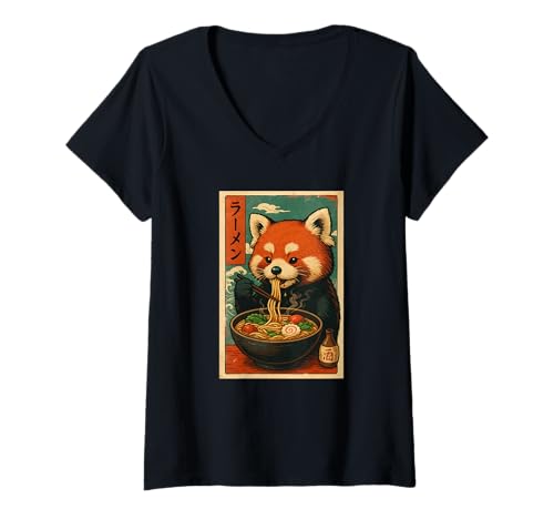 Damen Roter Panda isst Ramen Nudeln Japanisches Vintage T-Shirt mit V-Ausschnitt von Roter Panda Ramen Nudeln Retro Kawaii Shop