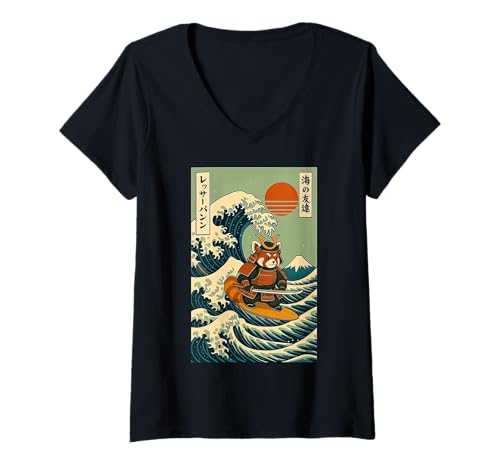 Damen Roter Panda Samurai Surfen Japanische Welle T-Shirt mit V-Ausschnitt Damen Roter Panda Samurai Surfen Japanische Welle T-Shirt mit V-Ausschnitt von Roter Panda Samurai Surfen Katana Anime Kawaii