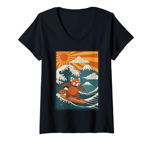 Damen Roter Panda Surfen Japanische Welle T-Shirt mit V-Ausschnitt von Roter Panda Surfer Große Welle Anime Kawaii