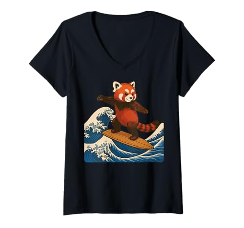 Damen Roter Panda Surfen Japanische Welle T-Shirt mit V-Ausschnitt von Roter Panda Surfer Große Welle Anime Kawaii