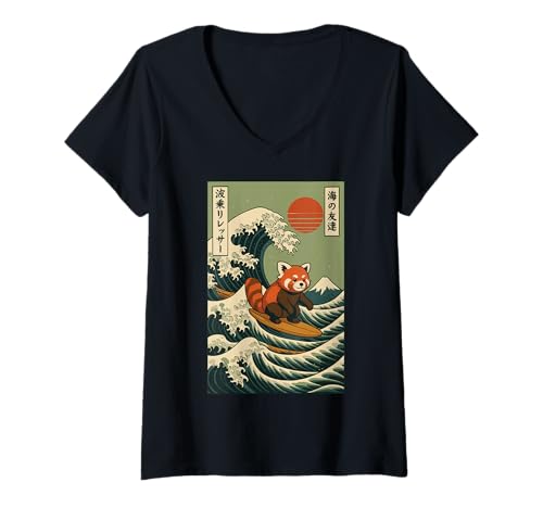 Damen Roter Panda Surfen Japanische Welle T-Shirt mit V-Ausschnitt von Roter Panda Surfer Große Welle Anime Kawaii