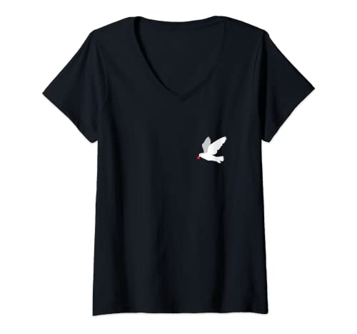 Damen Weiße Taube mit Liebe zum Frieden T-Shirt mit V-Ausschnitt Damen Weiße Taube mit Liebe zum Frieden T-Shirt mit V-Ausschnitt von Rotes Herz der Friedenstaube fliegt f Weltfrieden