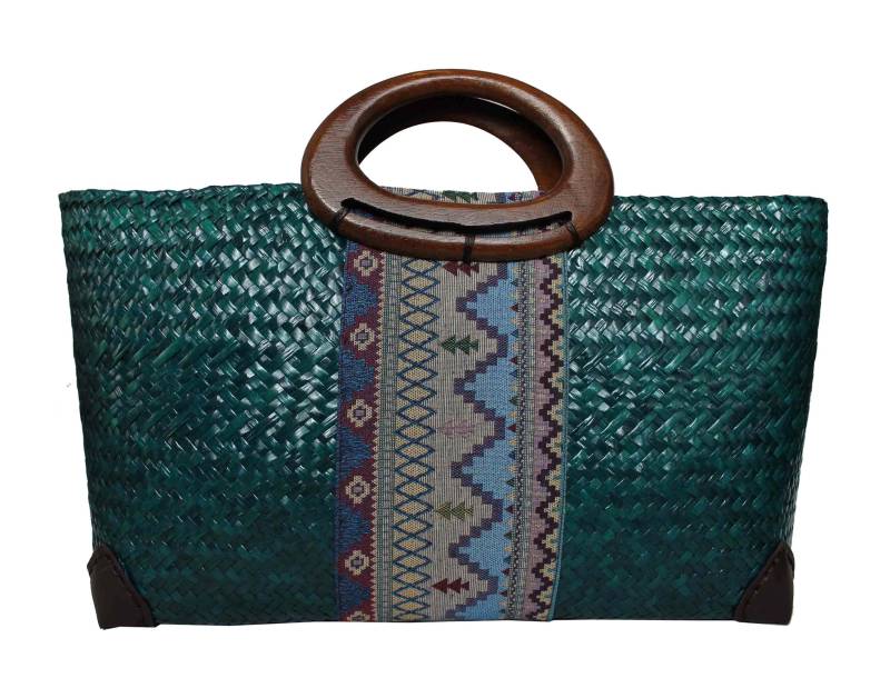 strohtasche Tasche Handtasche Einkaufstasche Für Freizeit Shopping Und Altag Mit Henkel Aus Holz Innefutter in Grün von RotfuchsOnlineShop