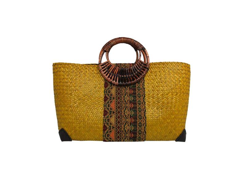 strohtasche in Gelb Tasche Handtasche Einkaufstasche Für Freizeit Shopping Und Altag Mit Henkel Aus Holz Innefutter von RotfuchsOnlineShop