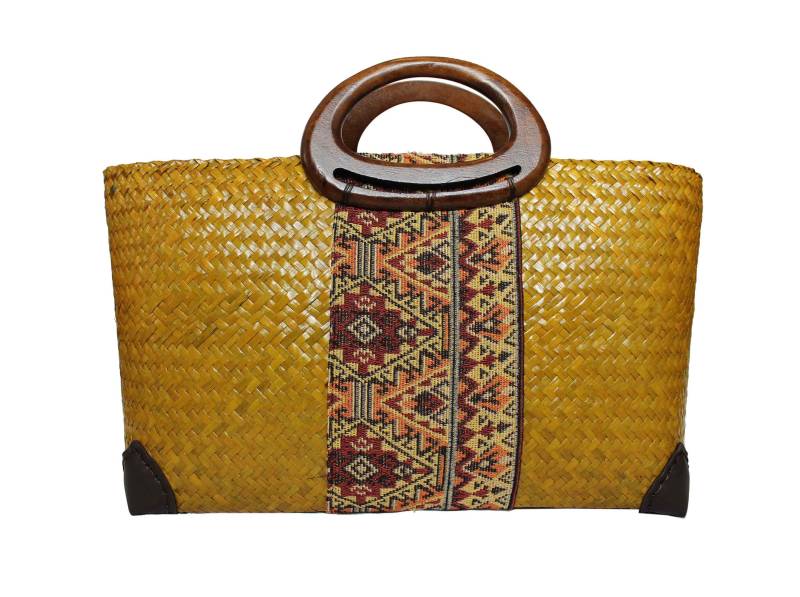strohtasche in Gelb Tasche Handtasche Einkaufstasche Für Freizeit Shopping Und Altag Mit Henkel Aus Holz Innefutter von RotfuchsOnlineShop