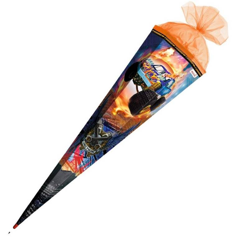 Roth Schultüte Monstertruck Fire mit Spezialborte, 85 cm, eckig, mit orangefarbigem Tüllverschluss, Rot(h) Spitze von Roth