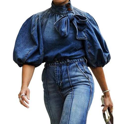 Damen Bow-Design Denim Pullover Top Button Up High Neck Modische Jacke mit elastischen Puffärmeln, Dunkelblau, Klein von Rothstone
