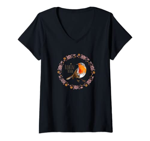 Damen Rotkehlchen Vogel mit botanischen Blumen für Vogelliebhaber T-Shirt mit V-Ausschnitt von Rotkehlchen Vogel Blumen Vogelliebhaber Vintage