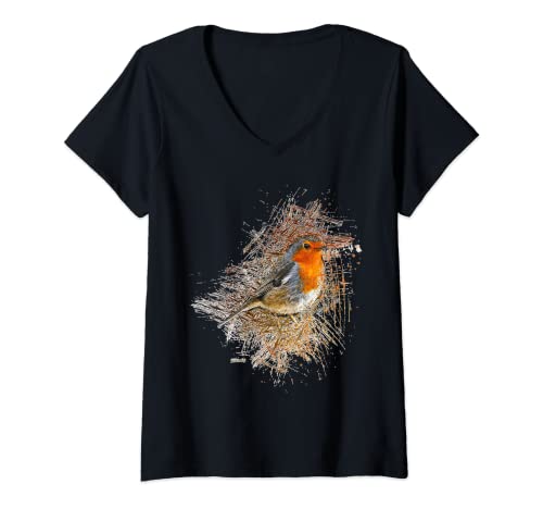 Damen Rotkehlchen Vogel T-Shirt mit V-Ausschnitt von Rotkehlchen Vogel coole und süße Tierdesigns