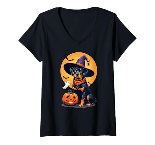 Damen Niedlicher Halloween-Rottweiler-Hund T-Shirt mit V-Ausschnitt Damen Niedlicher Halloween-Rottweiler-Hund T-Shirt mit V-Ausschnitt von Rottweiler Designs RWQSD