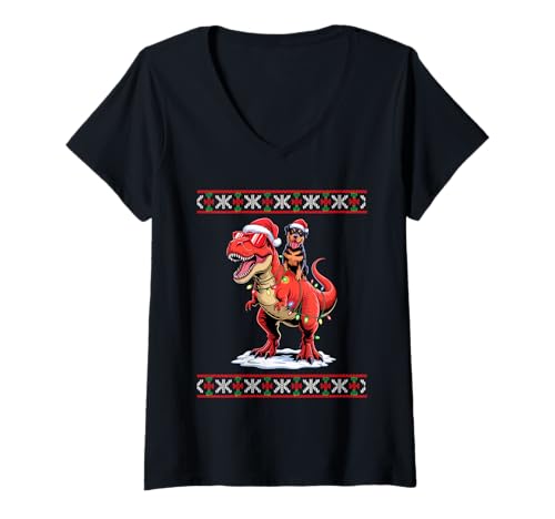 Damen Christmas Rottweiler T-Rex Dinosaur Rottweilers Rottie T-Shirt mit V-Ausschnitt Damen Christmas Rottweiler T-Rex Dinosaur Rottweilers Rottie T-Shirt mit V-Ausschnitt von Rottweiler Dog Lover Gifts