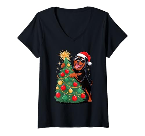 Damen Christmas Tree Rottweiler Sunglasses Rottweilers Rottie T-Shirt mit V-Ausschnitt Damen Christmas Tree Rottweiler Sunglasses Rottweilers Rottie T-Shirt mit V-Ausschnitt von Rottweiler Dog Lover Gifts