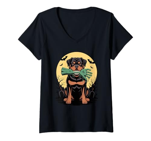 Damen Halloween Mond Zombie Rottweiler Rottweilers Rot Hund Rottie T-Shirt mit V-Ausschnitt Damen Halloween Mond Zombie Rottweiler Rottweilers Rot Hund Rottie T-Shirt mit V-Ausschnitt von Rottweiler Dog Lover Gifts