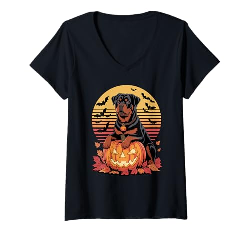 Damen Halloween Retro Rottweiler Rottweilers Rot Dog Rottie T-Shirt mit V-Ausschnitt Damen Halloween Retro Rottweiler Rottweilers Rot Dog Rottie T-Shirt mit V-Ausschnitt von Rottweiler Dog Lover Gifts