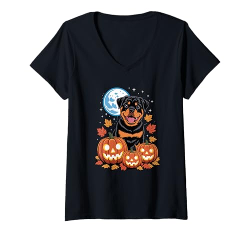 Damen Halloween Rottweiler Kürbis Rottweilers Rot Dog Rottie T-Shirt mit V-Ausschnitt Damen Halloween Rottweiler Kürbis Rottweilers Rot Dog Rottie T-Shirt mit V-Ausschnitt von Rottweiler Dog Lover Gifts