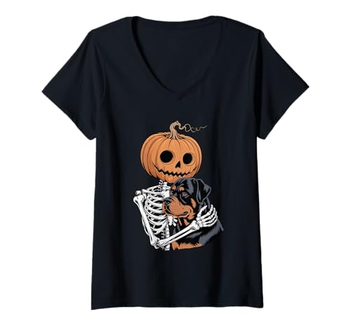 Damen Halloween Skeleton Rottweiler Rottweilers Rot Dog Rottie T-Shirt mit V-Ausschnitt Damen Halloween Skeleton Rottweiler Rottweilers Rot Dog Rottie T-Shirt mit V-Ausschnitt von Rottweiler Dog Lover Gifts