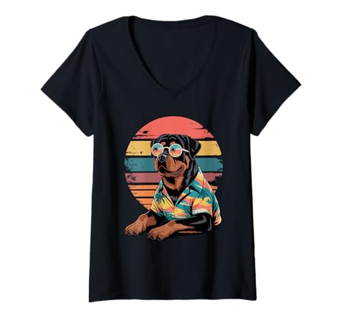 Damen Rottweiler Sonnenbrille Hawaii Strand Sommer Rottie Hund T-Shirt mit V-Ausschnitt Damen Rottweiler Sonnenbrille Hawaii Strand Sommer Rottie Hund T-Shirt mit V-Ausschnitt von Rottweiler Dog Lover Gifts